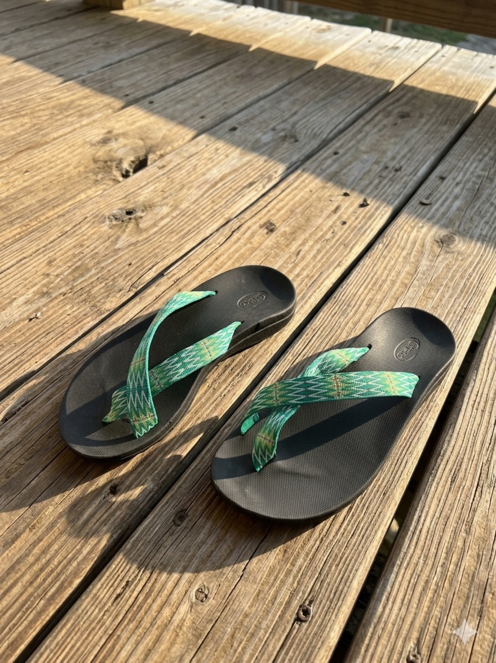 Chaco Black Sandals with Green Patterned Straps